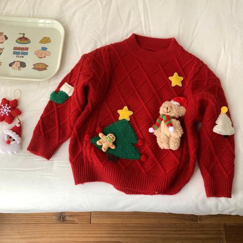 Girls Autumn and Winter New Sweater Children's Autumn and Winter Red Round Neck Christmas Top