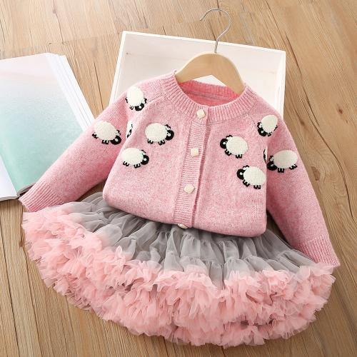 Girls' Sweater suit Autumn and Winter New Cute Lamb Knitted Cardigan Long Sleeve Tutu Mesh Skirt Two-Piece Set