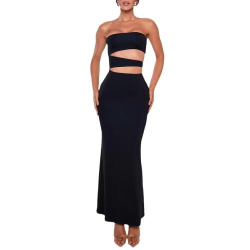 New Women's Hollow-out Waist Long Dress Summer Sexy Strapless Simple Hip dress