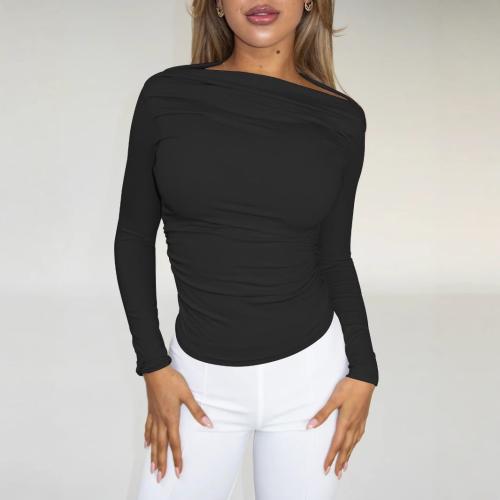 New Women's Irregular T-shirt Women's Autumn Sexy Collar Long-sleeved Slim-Fit Pleated Top