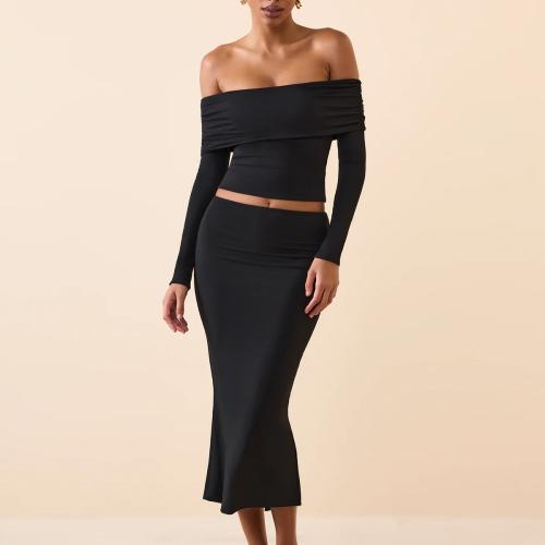 Polyester Two-Piece Dress Set back split & two piece & off shoulder Solid black Set