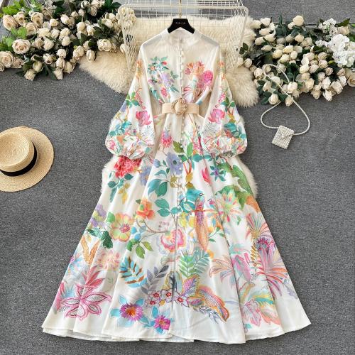 New niche elegant printed dress slim-fit long puff sleeve dress