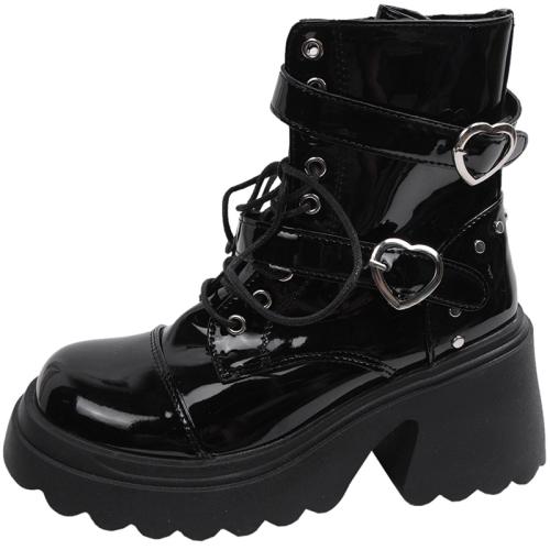 Black English Style High Heel Martin Boots Women's New Summer Small Height Increased All-match Sweet Cool Short Boots