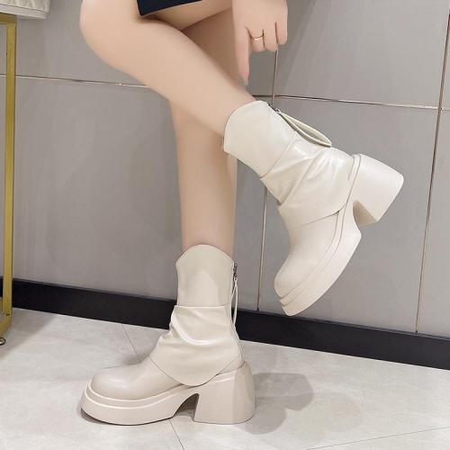 British round toe thick bottom all-match retro Martin boots for women new summer slimming small height increasing ankle boots