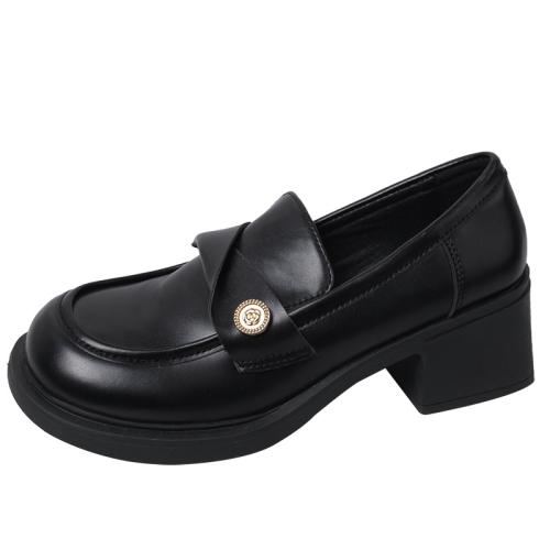 Vintage All-match Round Toe Slip-on Thick-soled Leather Shoes Women's New Thick Heel Loafers