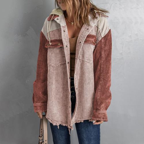 New Corduroy Cardigan Hooded Jacket Women's Loose Contrast Color Rotten Jacket