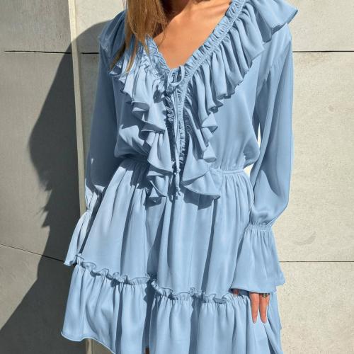 V-neck pleated bell sleeve ruffled white dress spring women's One-piece Dress