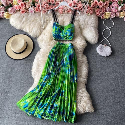 Seaside Vacation Printed Camisole Strapless Top Sleeveless Two-Piece Elegant Pleated Skirt