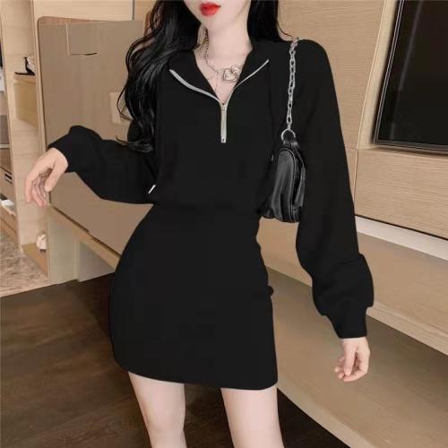 Hot Girl Short Hooded Sweatshirt Skirt Autumn and Winter Long Sleeve Waist Hip Dress