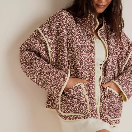 Women's Autumn Flower Print Thin Pocket Decorative Cardigan Cotton Jacket