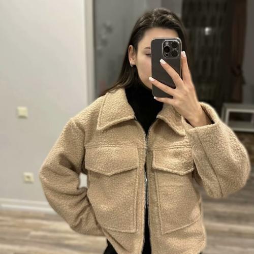 Women's lapel large pocket zipper short coat long sleeve woolen coat