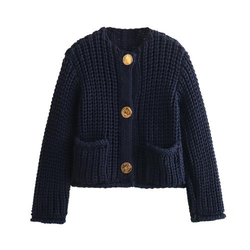 Solid Color Single-breasted Double Pocket Short Thick Knit Jacket