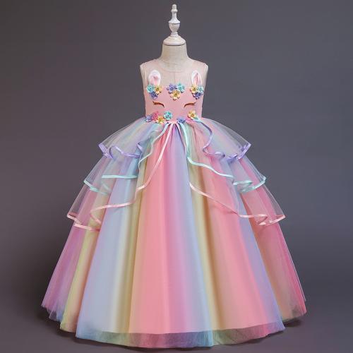 Girls princess dress Unicorn Children mesh rainbow puffy yarn dress