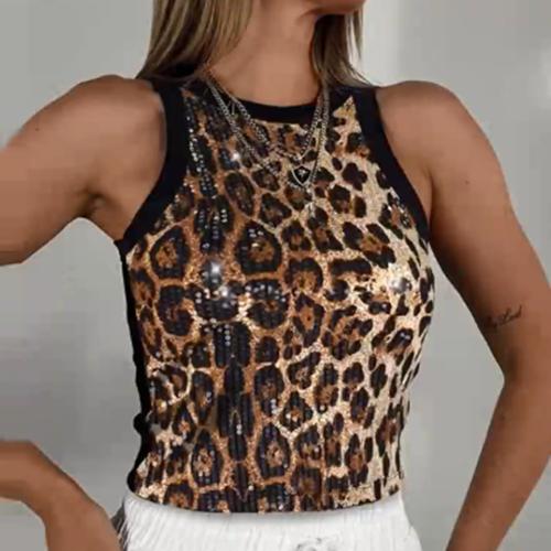 Beading Leopard Print Women's Small Vest Sexy Navel-exposed Waist Color-block Sleeveless Top