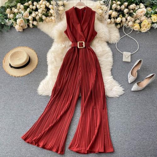 French retro waist slimming suit collar jumpsuit fashion flared pants wide leg jumpsuit