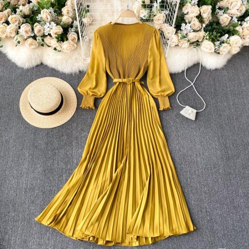 Fashion casual pleated waist slimming elegant light mature French style dress long pleated skirt