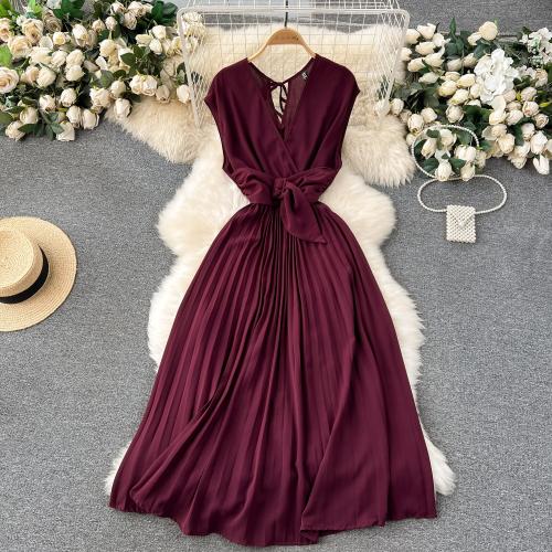 Spring and Summer new dress elegant waist slimming mid-length pleated dress