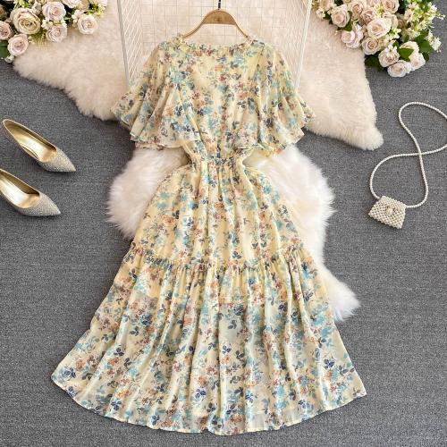 Summer New V-neck Tight Waist Slimming Floral Chiffon Dress Fashionable A- line Long Dress