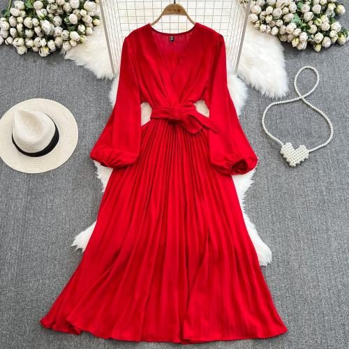 Retro Elegant Lantern Long Sleeve Collar Tight Waist Slimming Pleated Dress Elegant Large Swing Long Dress