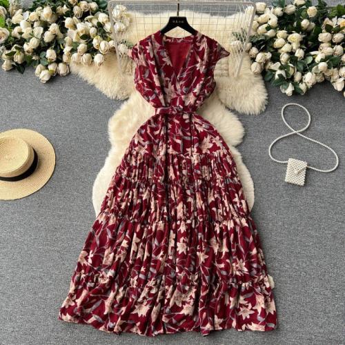 French Retro Floral Dress Women's Summer Sleeveless Collar Niche High-end Style Chic Elegant Long Dress