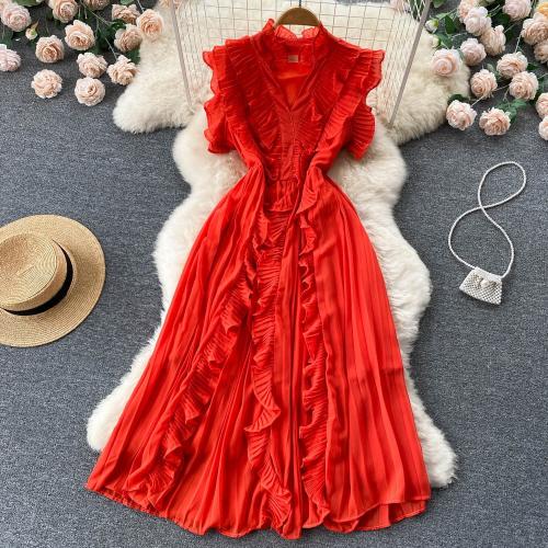 Summer Chiffon Dress Sleeveless Fashionable Slimming Elegant Ruffled Waist Large Swing Long Dress