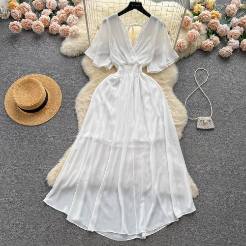 Chiffon Dress New Women's Elegant Collar Stretch Waist Slim Long Seaside Beach Dress