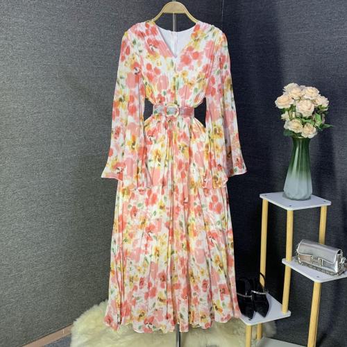 French Retro V-neck Trumpet Long-sleeved Printed Chiffon dress Waistline Slimming Long Dress