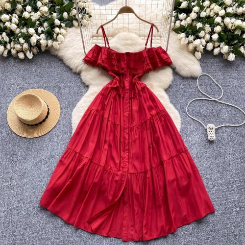 Women's off-shoulder strap dress with flounces stitching waist slimming single-breasted French style long skirt