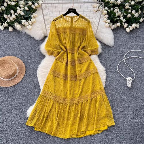 French Style High-end Hollow-out Lace Embroidered Round Neck Half-sleeve dress