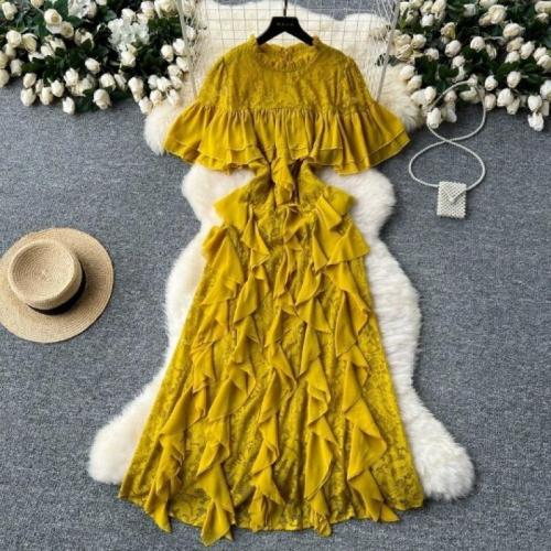 Women's Summer Stitching Round Neck Trumpet Sleeve Waisted Slimming Lace Ruffled Dress