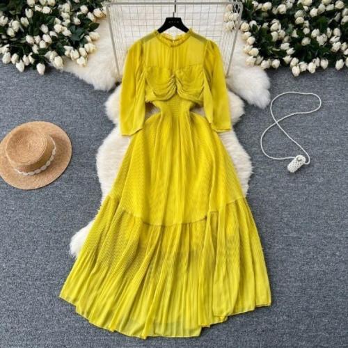 Spring and Autumn New Light Mature Pleated Waist Elegant Ruffled dress Chiffon Holiday Dress