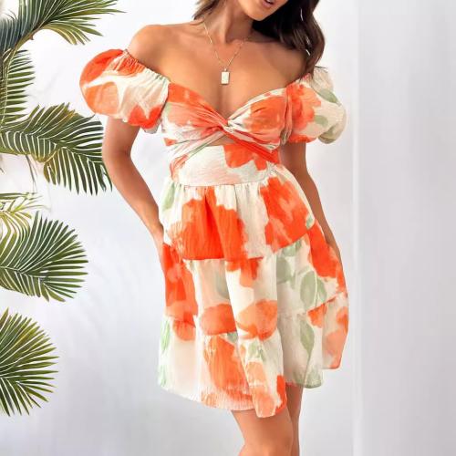 Summer new printed hollow v-neck bubble sleeve One-piece Dress