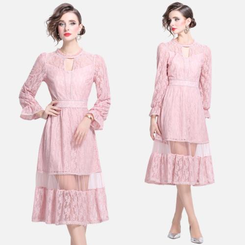 New women's pink lace dress fashion temperament retro long sleeve stitching long skirt