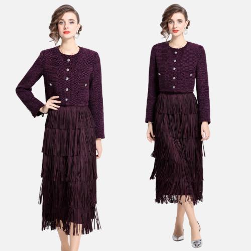 New Women's Retro Purple Long Sleeve Jacket Skirt Slimming Elegant Two-piece Suit