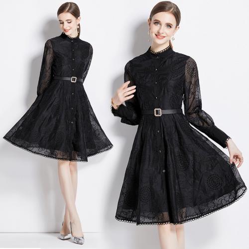 Autumn New Women's Retro Collar Hollow Crochet Lace-up Waist Slimming Dress