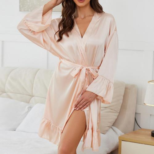 Ladies long sleeve satin bathrobe lace nightgown sexy home clothes pajamas