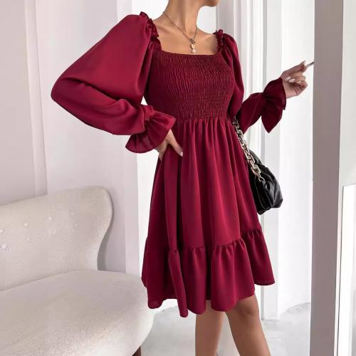 French style simple square collar parallel crepe sewing ruffled dress