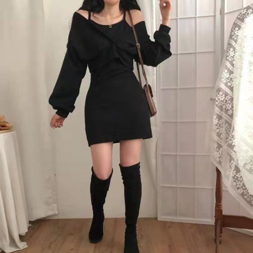 New suspender skirt long sleeve T-shirt suit women's slimming solid color dress