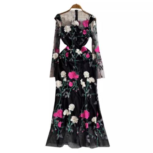 Black Rose Embroidered dress Women's Long Dress French High-end Elegant Dress