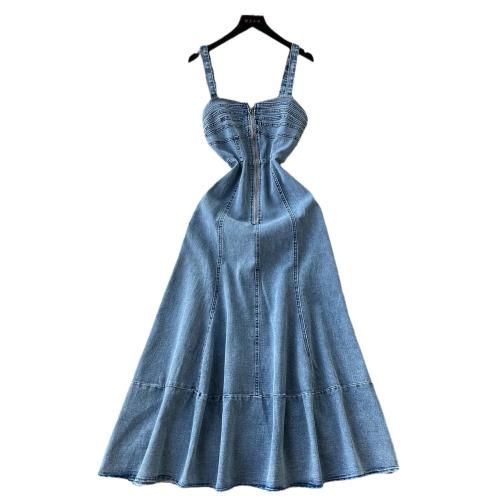 All-match Sling Denim dress Women's Strapless Waist Slimming Ruffled Long Dress