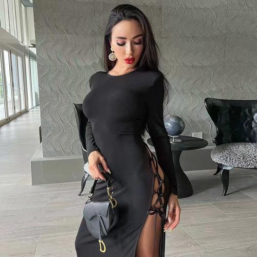 Fashion women's solid color beveled slit long sleeve slim-fit lace-up sexy hip dress