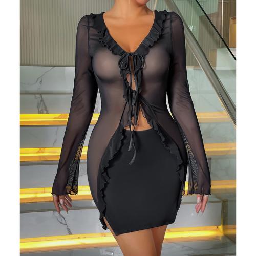 Women's new long sleeve strap perspective mesh lotus leaf sexy hot girl hip dress