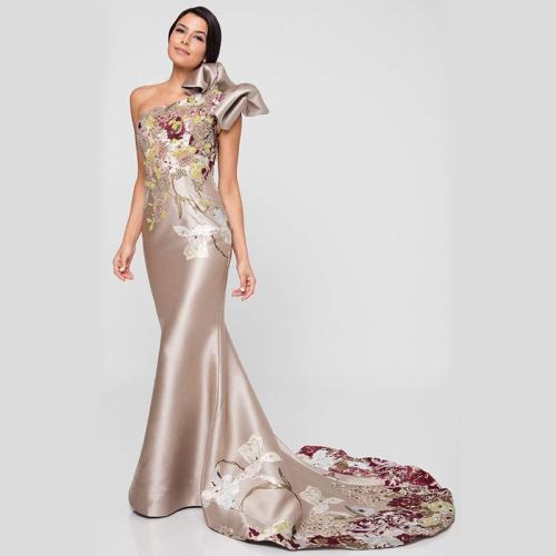 New Elegant Long Evening Dress Sexy Banquet Backless Printed Embroidered Dress