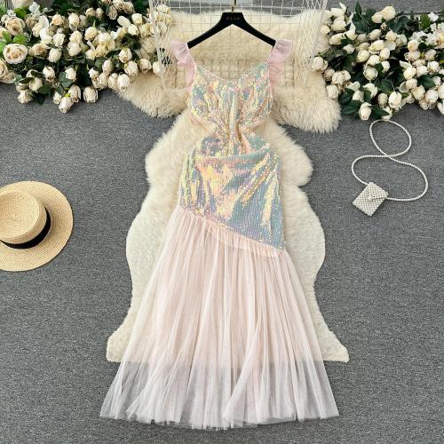 Niche Light Luxury Socialite Style Banquet Party Dress Women's Slim-fit Slimming Mesh Stitching Sequin dress