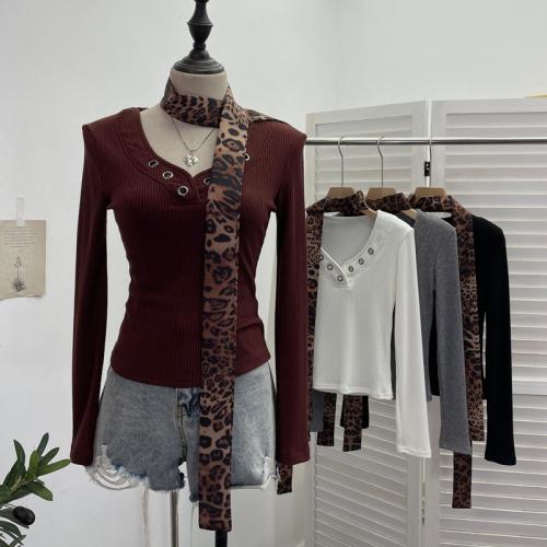 Shoulder Pad Long-sleeved Knit Top Leopard-print Scarf Lace-up Slim-fit Short Base Shirt T-shirt