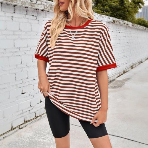 Summer casual striped color matching crew neck trend bat sleeve T-shirt for women