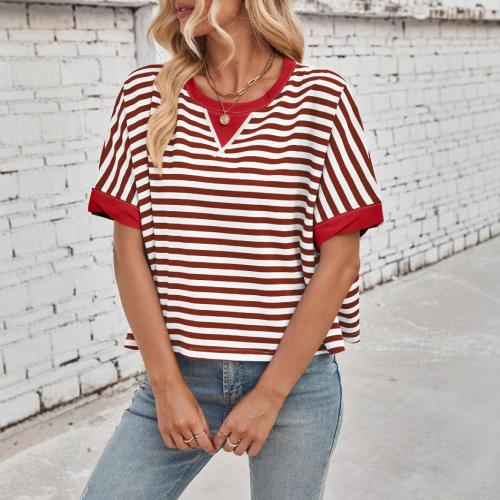 Summer Casual Large Striped Color-matching Crewneck Bat Sleeve T-shirt for Women