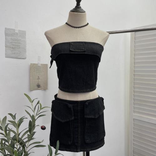 Denim Sleeve Tube Top Sexy Short Hip Anti-walking Skirt Three suit