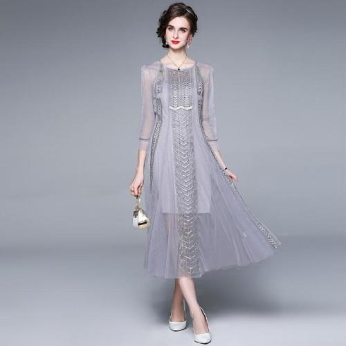 Spring French Style Elegant One-piece Dress Slim-fit Waist Slimming Over-knee Mesh Beaded Dress