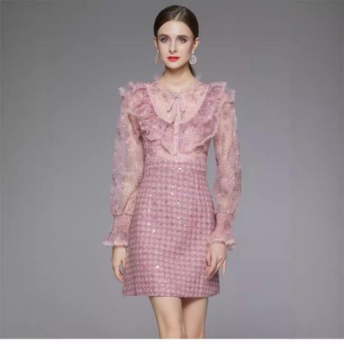 Autumn New Light Luxury Embroidered Sequins Tweed Fabric Ruffled Beaded Sweet Dress